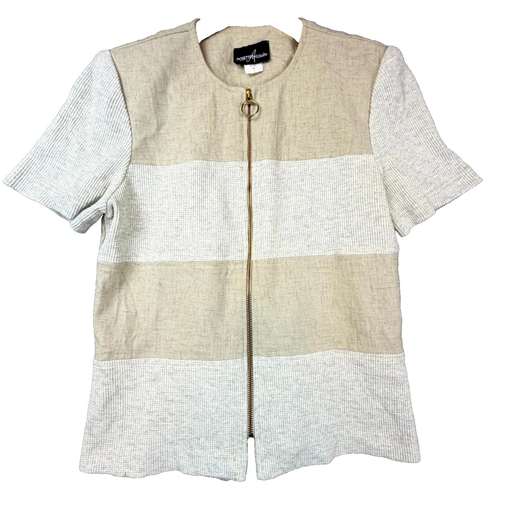Vintage Positive Attitude Blouse Womens 10 Tan Safari Short Sleeve 90s Neutral